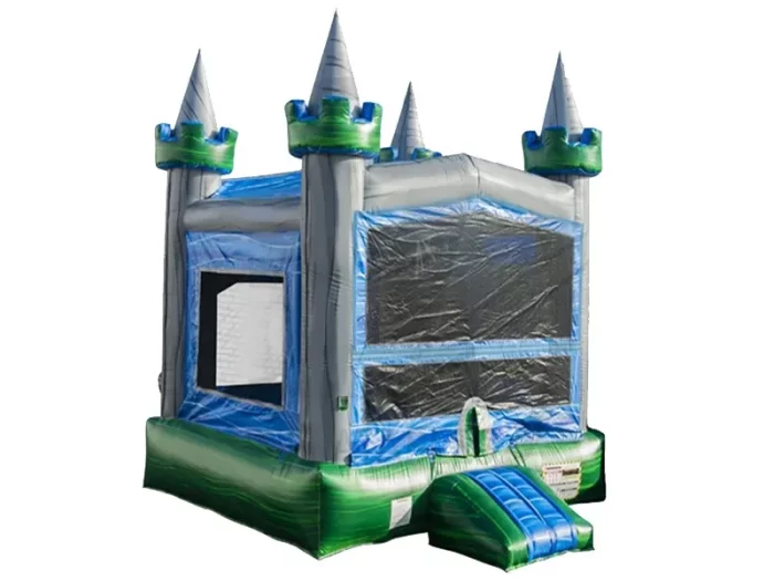 Château gonflable bleu et vert avec tours, idéal pour fêtes et anniversaires. Haute qualité, prix abordable, à acheter en ligne. Commandez dès maintenant !