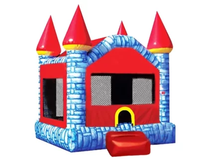 Château gonflable rouge et bleu avec tours pointues, parfait pour événements enfants. Acheter en ligne, prix abordable, haute qualité. Commandez vite !