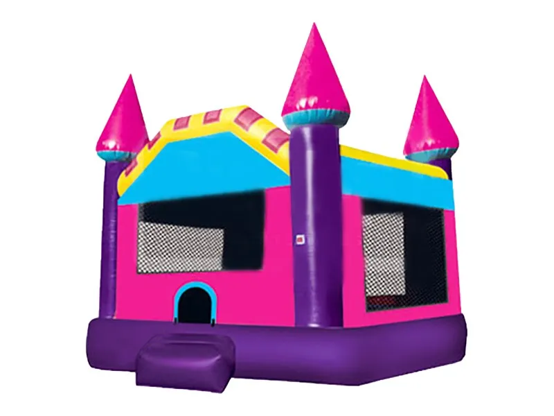 Château gonflable rose et violet avec tours pointues, idéal pour fêtes d’enfants. Acheter en ligne, haute qualité, prix abordable. Commandez vite !