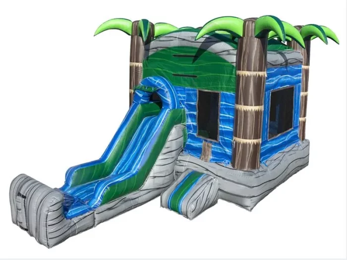 Château gonflable tropical avec toboggan et palmiers, parfait pour fêtes d'enfants. Haute qualité, prix abordable, à acheter en ligne. Commandez vite !