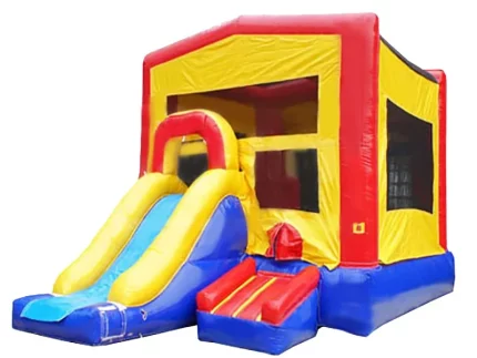 Château gonflable multicolore avec toboggan intégré, idéal pour anniversaires. Acheter en ligne, haute qualité, prix abordable. Commandez maintenant !