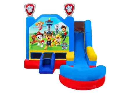 Château gonflable rouge et bleu à thème canin avec toboggan, parfait pour fêtes d'enfants, amusant, sécurisé et disponible à acheter en ligne.