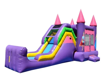 Château gonflable princesse violet et rose avec grand toboggan, parfait pour fêtes. Acheter en ligne, prix abordable, haute qualité. Commandez vite !