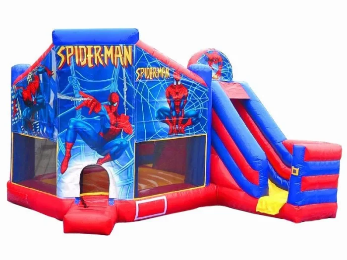 Château gonflable Spiderman avec toboggan, parfait pour fans de super-héros. Haute qualité, prix abordable, à acheter en ligne. Commandez maintenant !