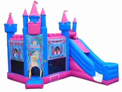 Château gonflable princesse rose et bleu avec toboggan, parfait pour fêtes. Haute qualité, prix abordable, à acheter en ligne. Commandez vite !