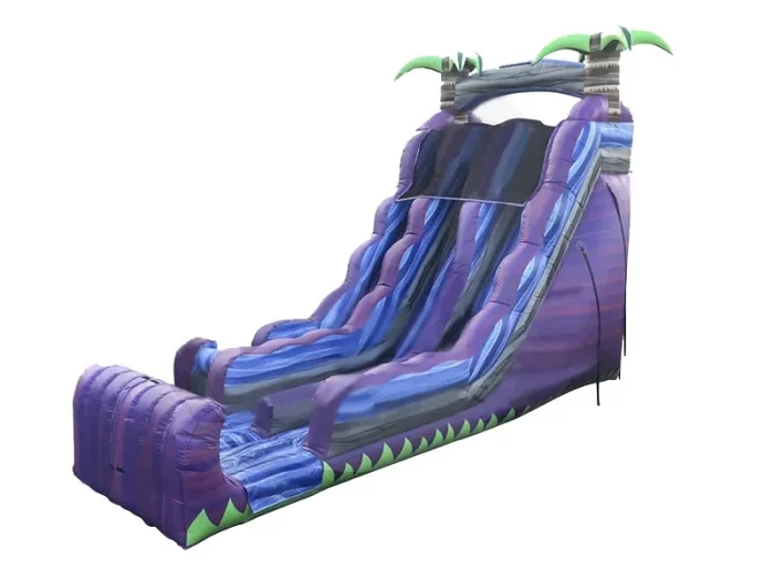 Toboggan gonflable géant violet avec thème tropical, parfait pour fêtes et événements. Haute qualité, prix abordable, à acheter en ligne. Commandez vite !