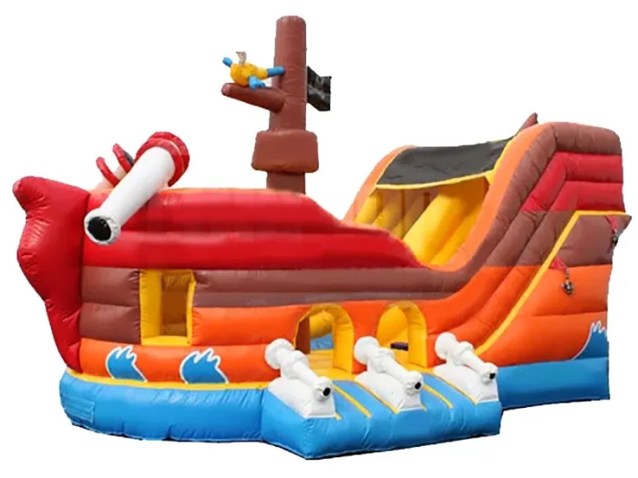 Château gonflable bateau pirate avec toboggan, idéal pour aventures et fêtes. Haute qualité, prix abordable, à acheter en ligne. Commandez maintenant !