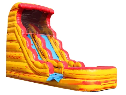 Toboggan gonflable jaune et rouge avec bassin, design ludique, idéal pour fêtes et animations extérieures, robuste et fun, à acheter en ligne.