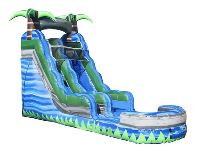 Toboggan gonflable tropical bleu avec palmiers et bassin, idéal pour fêtes estivales. Haute qualité, prix abordable, à acheter en ligne. Commandez vite !