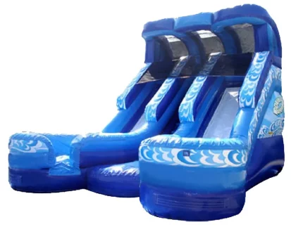 Toboggan gonflable double piste bleu avec thème vagues, idéal pour fêtes estivales. Haute qualité, prix abordable, à acheter en ligne. Commandez vite !