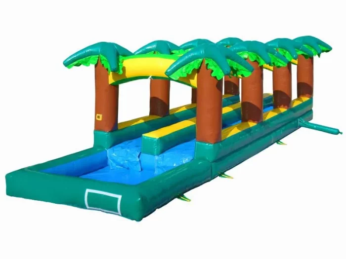 Toboggan gonflable tropical avec double piste et bassin, idéal pour compétitions estivales. Haute qualité, prix abordable, à acheter en ligne. Commandez vite !