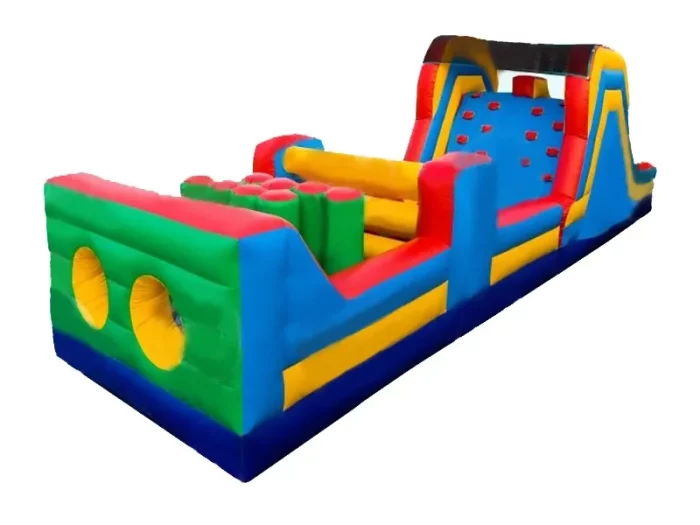 Parcours gonflable multicolore avec obstacles et mur d'escalade, idéal pour défis et fêtes. Haute qualité, prix abordable, à acheter en ligne. Commandez vite !