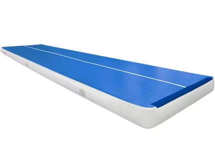 Piste gonflable de gymnastique bleue, idéale pour entraînements et acrobaties, robuste et portable, haute qualité, à acheter en ligne.