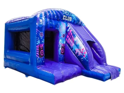 Château gonflable discothèque avec toboggan, parfait pour soirées et anniversaires, design lumineux et fun, disponible à acheter en ligne.